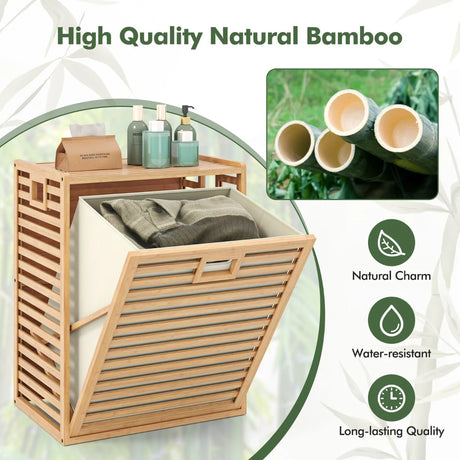 68 L Bamboo Tilt-out Bathroom Laundry Hamper with Foldable Bin-Natural