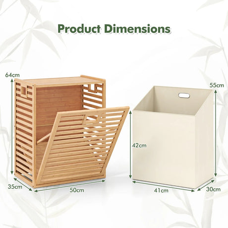 68 L Bamboo Tilt-out Bathroom Laundry Hamper with Foldable Bin-Natural