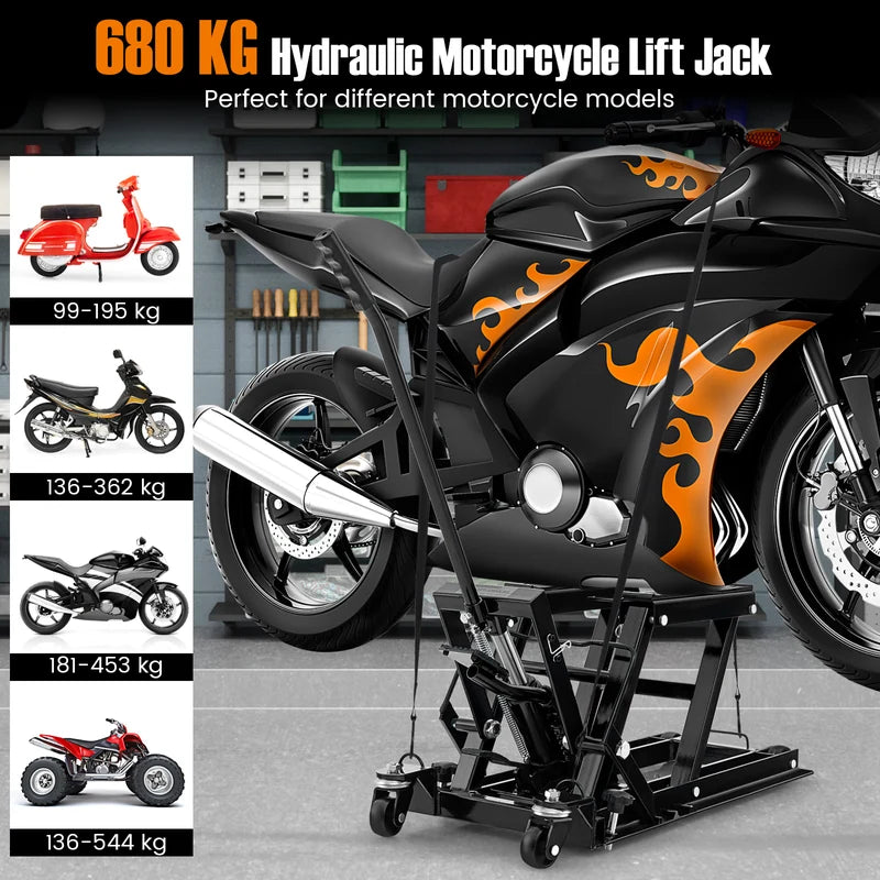 680KG Motorcycle Lift Jack with 4 Wheels and Footplates-Black