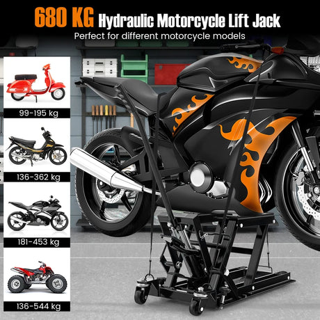 680KG Motorcycle Lift Jack with 4 Wheels and Footplates-Black