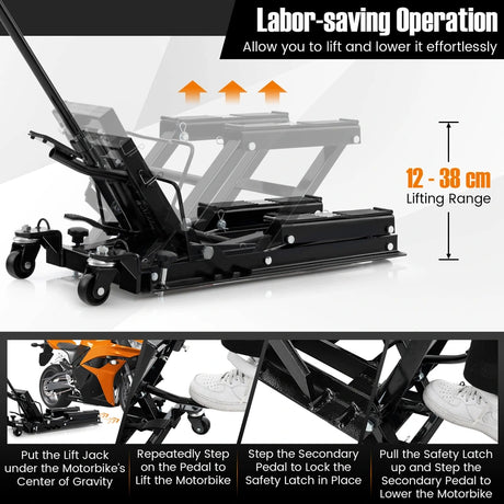 680KG Motorcycle Lift Jack with 4 Wheels and Footplates-Black