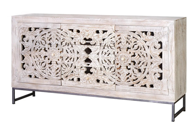 Giner and Colomer - Mango Wood Sideboard (2 Doors, 3 Drawers) With Grey Iron Base