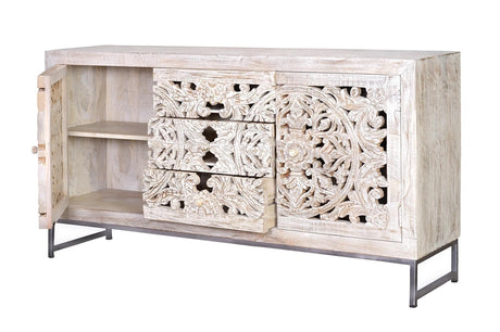 Giner and Colomer - Mango Wood Sideboard (2 Doors, 3 Drawers) With Grey Iron Base