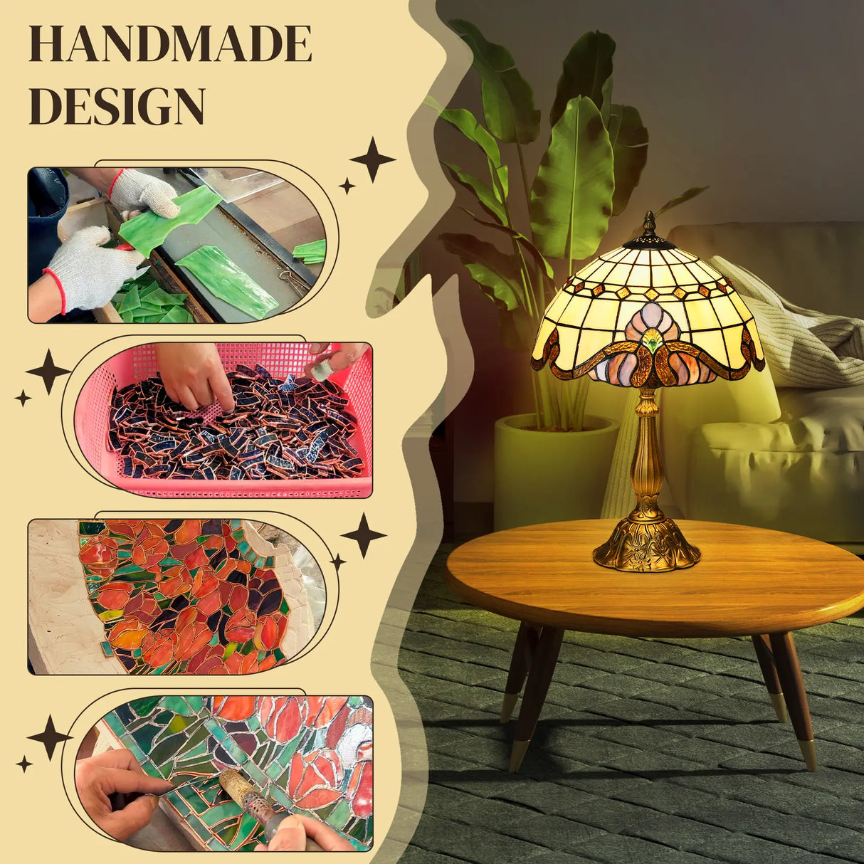 HOMCOM Stained Glass Table Lamp, Handmade Antique Bedside Lamp, Decorative Night Light for Bedroom, Living room, Home, Nightstand