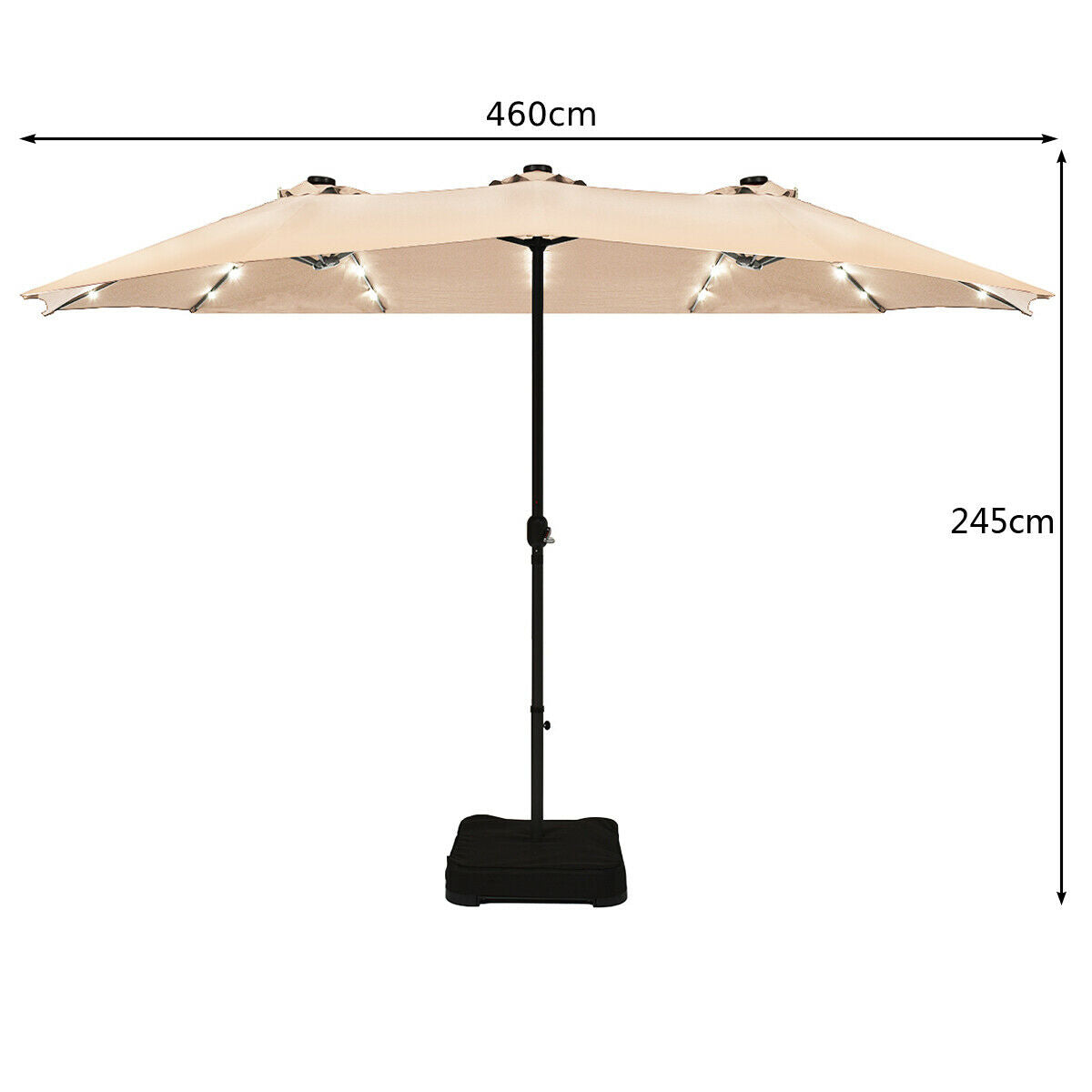 15 Ft Solar LED Patio Double-sided Umbrella Market Umbrella with Weight Base-Beige