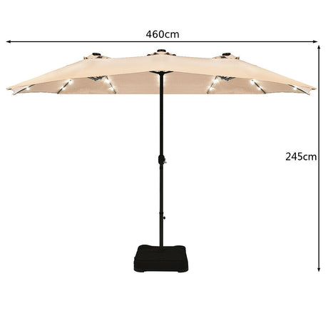 15 Ft Solar LED Patio Double-sided Umbrella Market Umbrella with Weight Base-Beige
