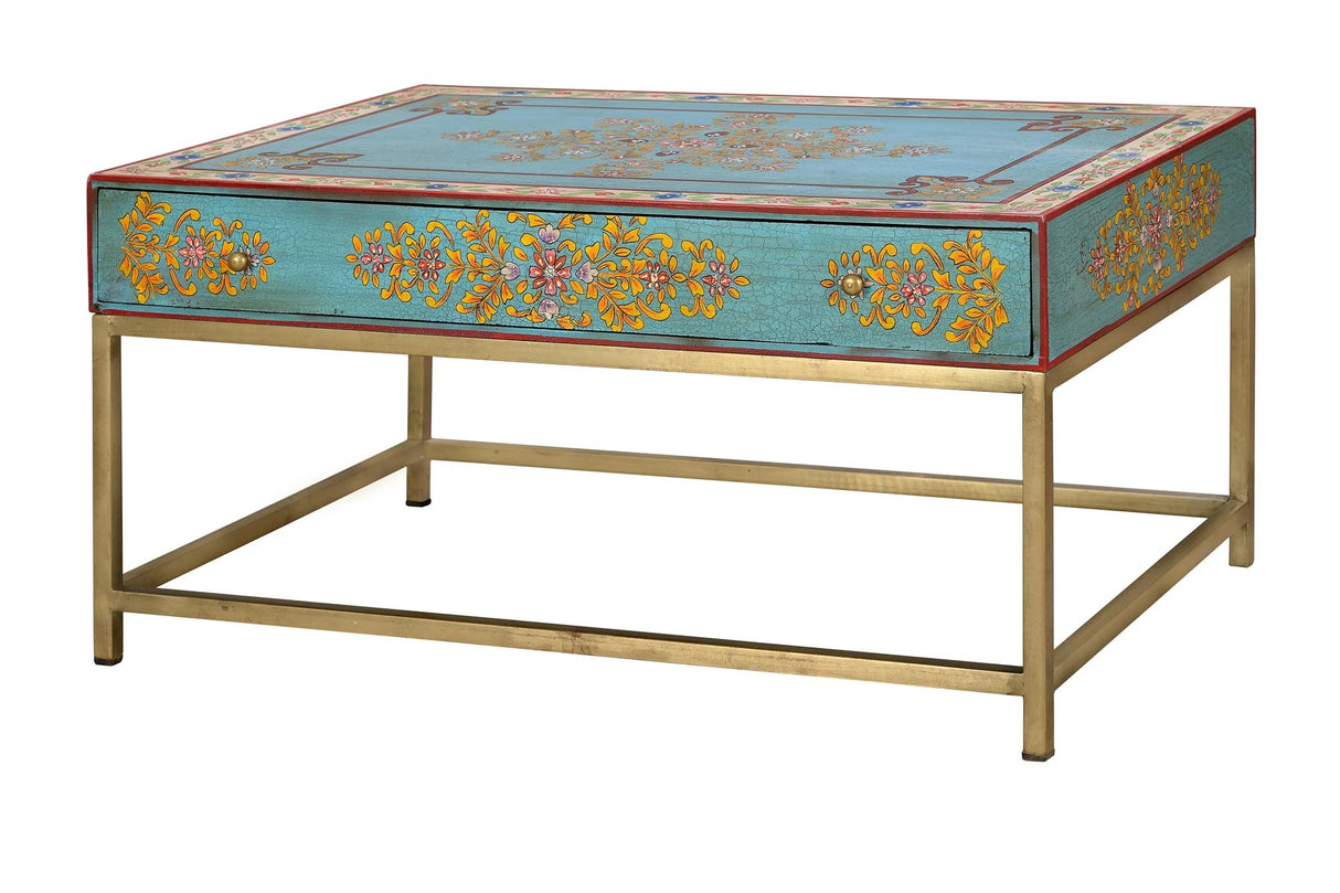 Giner and Colomer - 1-Drawer Coffee Table With Metal Base & Hand-Painted Mango Wood Top