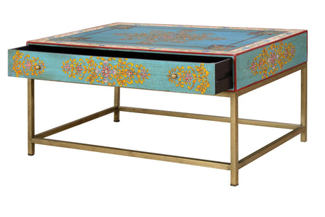 Giner and Colomer - 1-Drawer Coffee Table With Metal Base & Hand-Painted Mango Wood Top