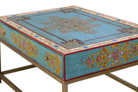 Giner and Colomer - 1-Drawer Coffee Table With Metal Base & Hand-Painted Mango Wood Top