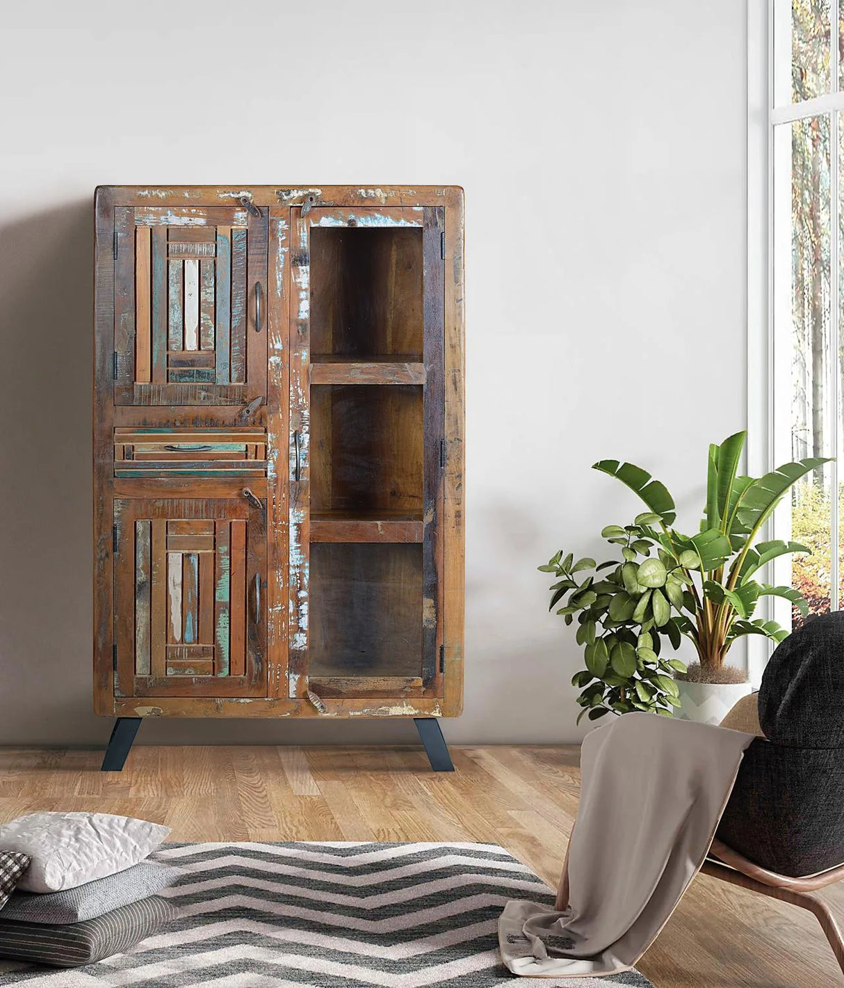 Giner and Colomer - 3-Door, 1-Drawer Mango Wood Display Cabinet With Metal Legs