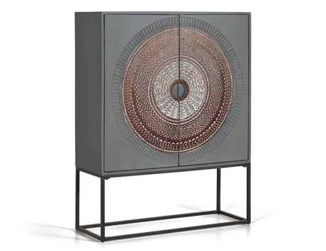 Giner and Colomer - 2-Door Mango Wood Display Cabinet With Carved Doors & Metal Base