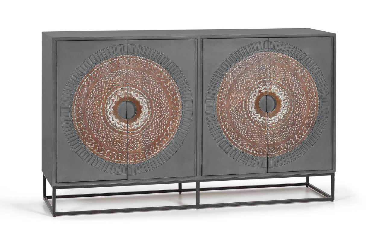 Giner and Colomer - 4-Door Mango Wood Sideboard With Carved Details & Metal Base