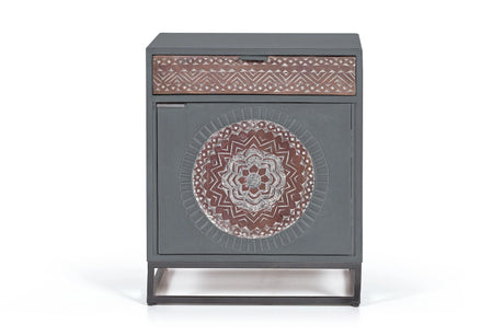 Giner and Colomer - 1-Door, 1-Drawer Mango Wood Table With Carving & Metal Base