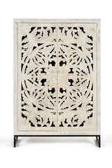 Giner and Colomer - 2-Door Mango Wood Display Cabinet & Metal Base, Carved Doors