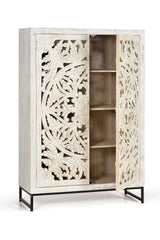 Giner and Colomer - 2-Door Mango Wood Display Cabinet & Metal Base, Carved Doors