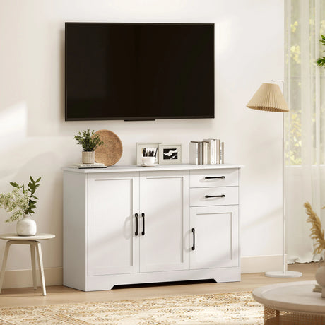 HOMCOM Sideboard with 2 Drawers Modern Storage Cabinet, Kitchen Cupboard with Adjustable Shelf and 3 Doors White