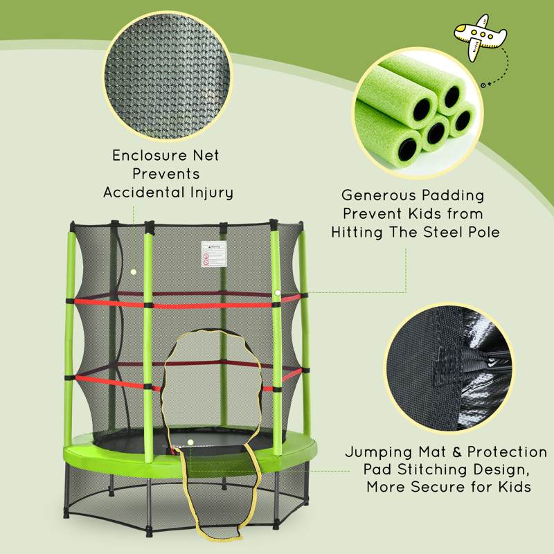 HOMCOM 5.2FT/63 Inch Kids Trampoline with Enclosure Net Steel Frame Indoor Round Bouncer Rebounder Age 3 to 6 Years Old Green