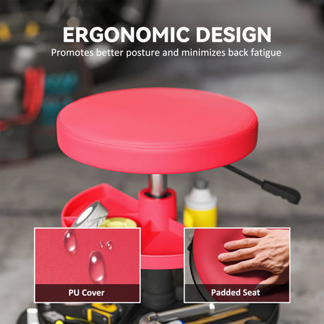 HOMCOM Rolling Mechanic Stool, 135kg Capacity Workshop Stool, 360 Swivel Roller Padded Creeper Seat with Wheels, Tool Trays Storage for Garage, Shop, Auto Repair, Red