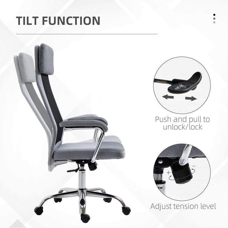 Vinsetto Office Chair, Ergonomic Desk Chair, High Back Computer Chair with Adjustable Height, Swivel Rolling Wheels, Mesh Back and Linen-Feel Fabric Seat for Home and Study, Grey