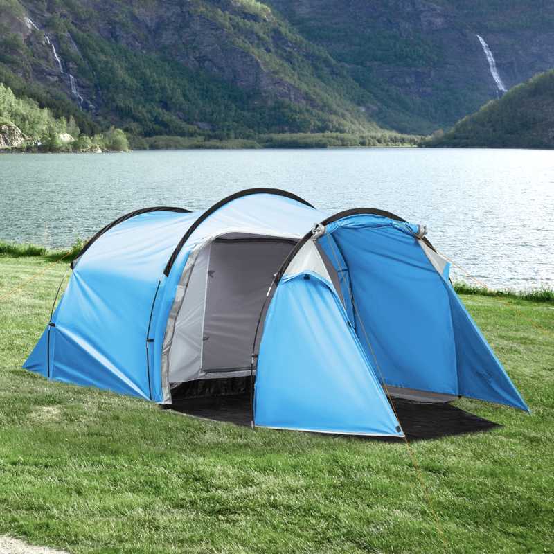 Outsunny 2-3 Man Tunnel Tent with Vestibule, Weather-Resistant Camping Tent with Air Vents for Fishing Hiking, Light Blue & Grey