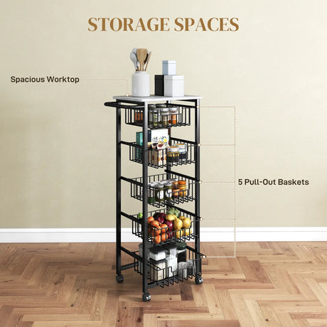HOMCOM Five Basket Mobile Kitchen Island, with Brakes - Grey/Black