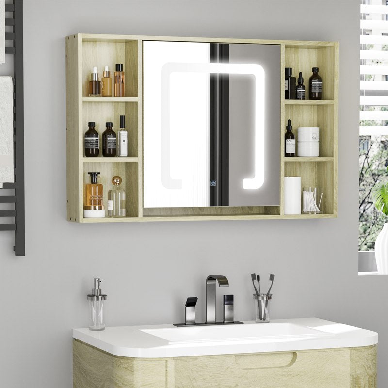 kleankin LED Bathroom Mirror Cabinet, Wall Mounted Dimmable Brightness Medicine Cabinet with Adjustable Shelf and Mirrored Door, Memory Function, USB Charge, Natural