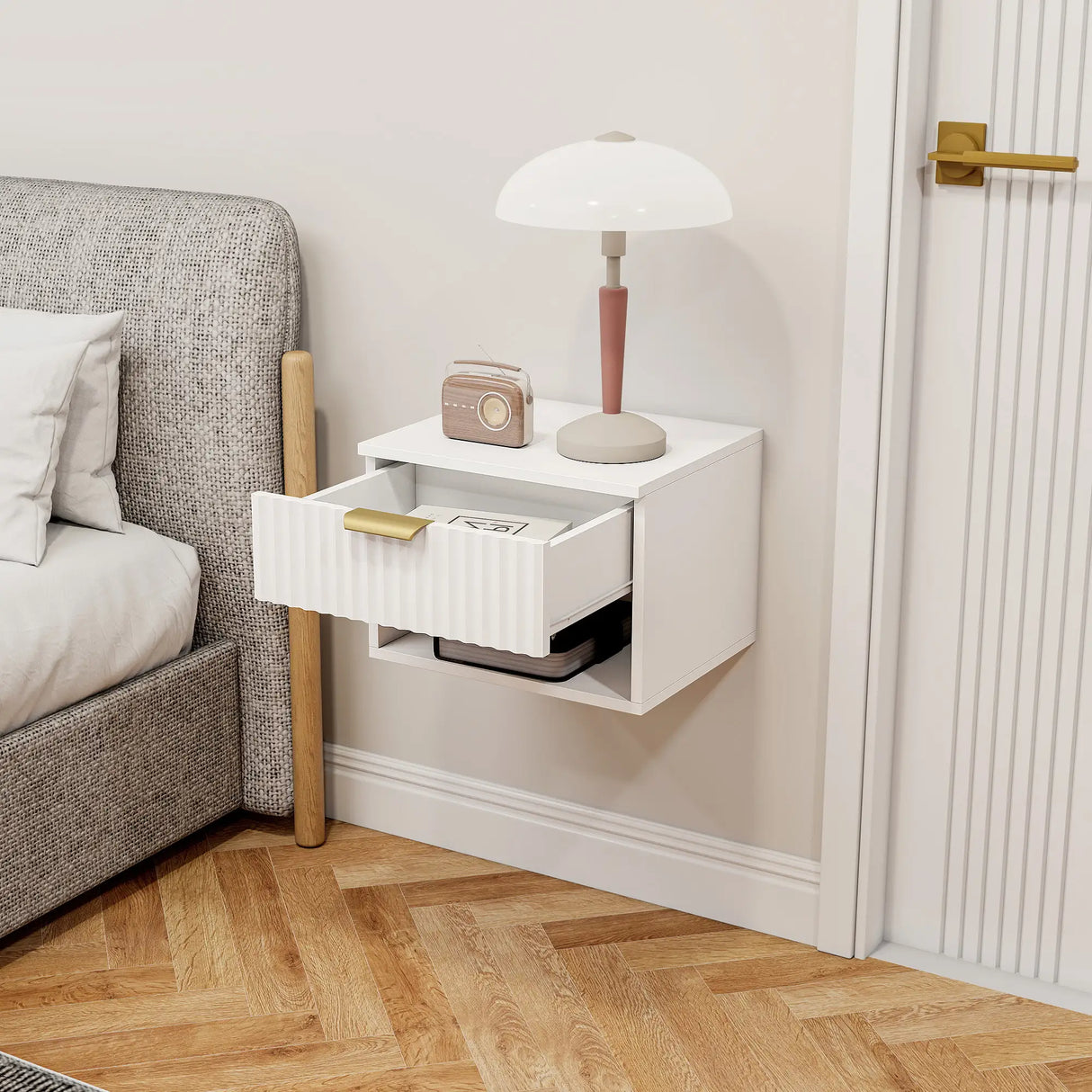 HOMCOM Floating Nightstands Set of 2, Modern Wall Mounted Bedside Tables with Fluted Drawer and Open Shelf for Bedroom, White