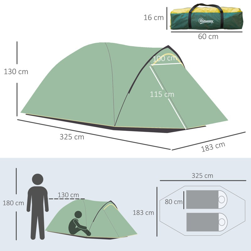 Outsunny Dome Tent for 2 Person Camping Tent with Large Windows, Waterproof Green and Yellow