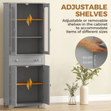 HOMCOM Freestanding Kitchen Cupboard, Storage Cabinet with 2 Adjustable Shelves, Drawer and Glass Door for Living Room, Grey