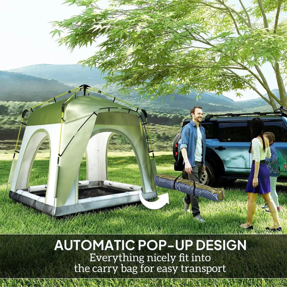 Outsunny Instant Pop Up Camping Tent, 4 Man Dome Tent with 4 Doors, Sewn-in Groundsheet, Carry Bag and Top Hook for Fishing Hiking Festival, Green