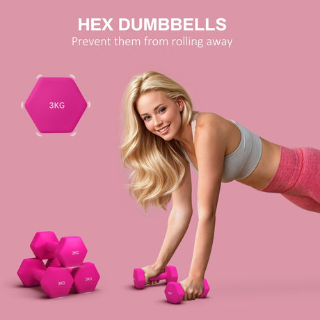 SPORTNOW 2 x 3kg Hexagonal Dumbbells Weights Set with Non-Slip Grip for Home Gym Workout, Pink