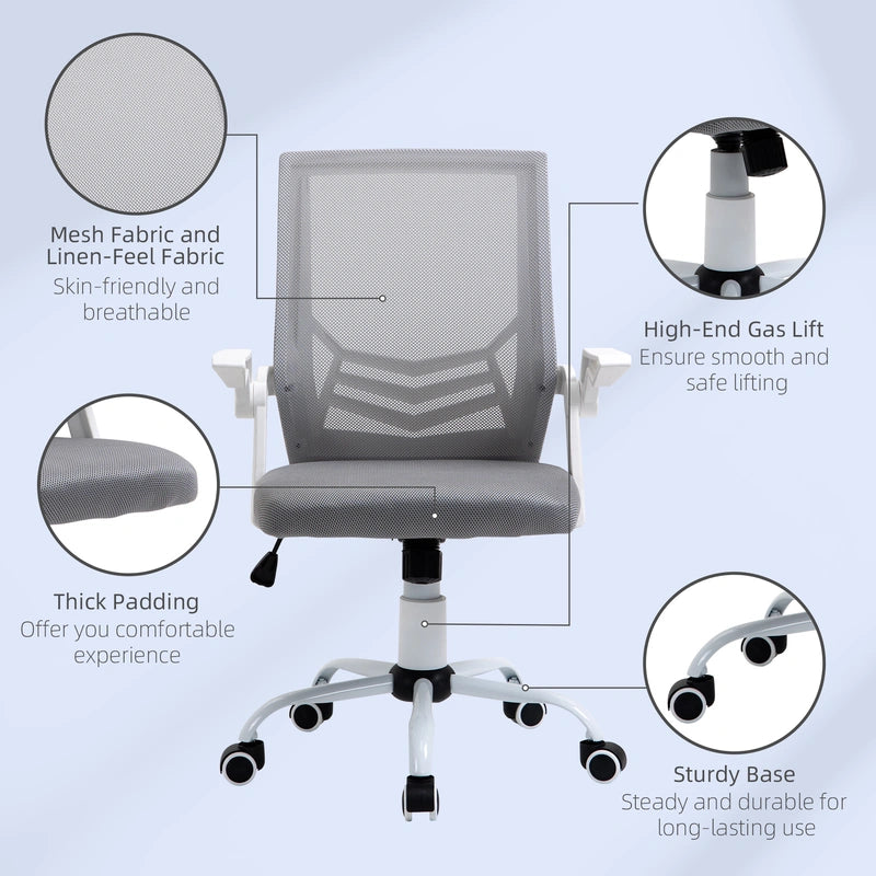 Vinsetto Home Office Chair and Computer Desk Set, Mesh Chair with with 90 Flip-up Armrest, Study Desk with Keyboard Tray and Drawer, White and Grey