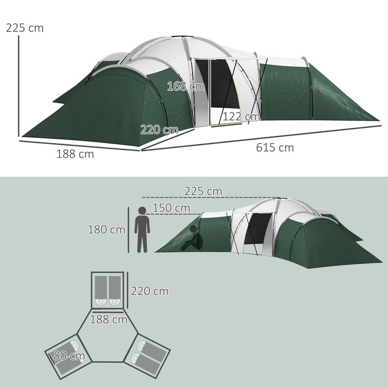 Outsunny 6-9 Man Tent with Bedrooms and Living Room, Accessories Included, Green