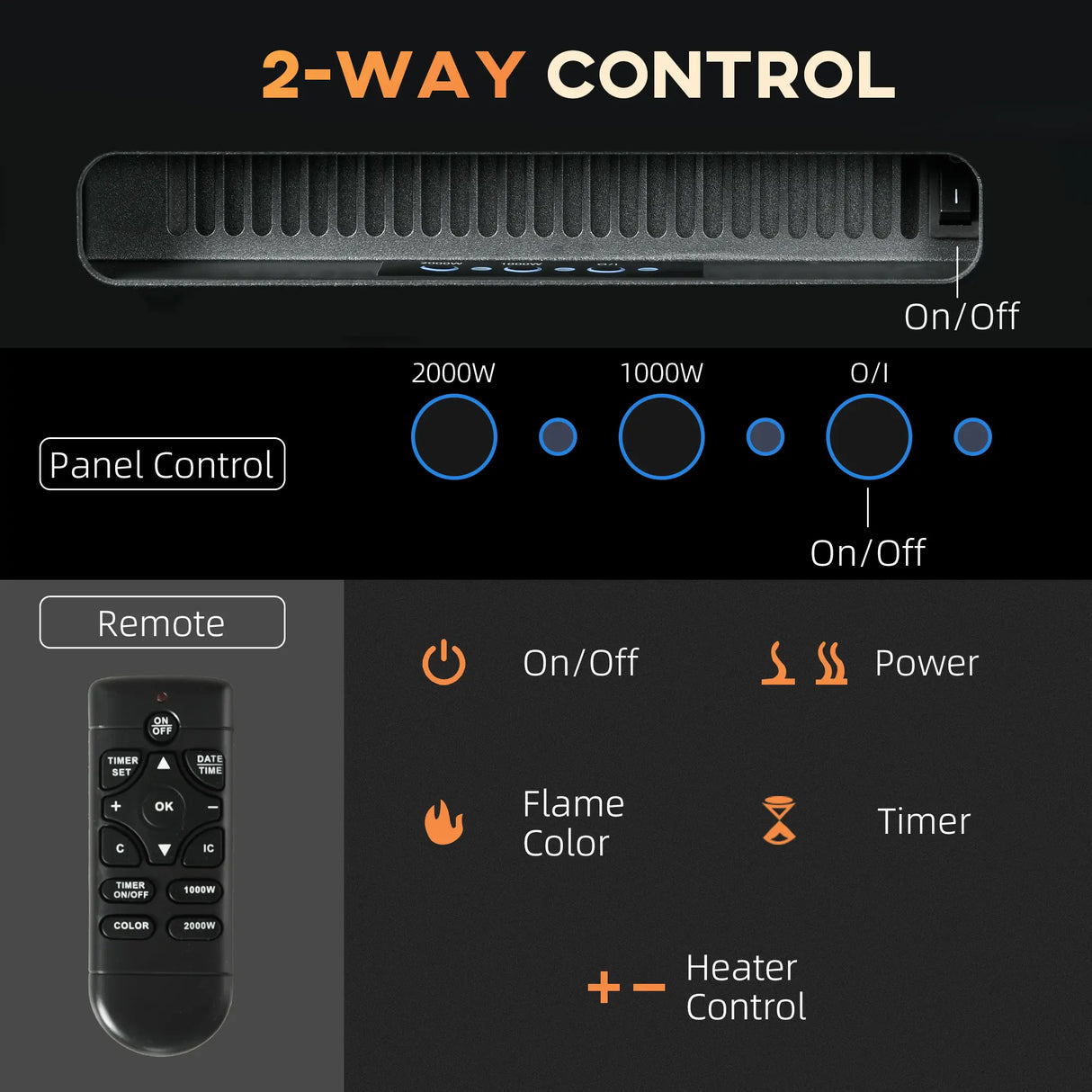 HOMCOM 102cm/40" Electric Fireplace, 2000W Recessed and Wall Mounted Electric Fire with Remote Control, 9 Flame Colour and Crystal, Black