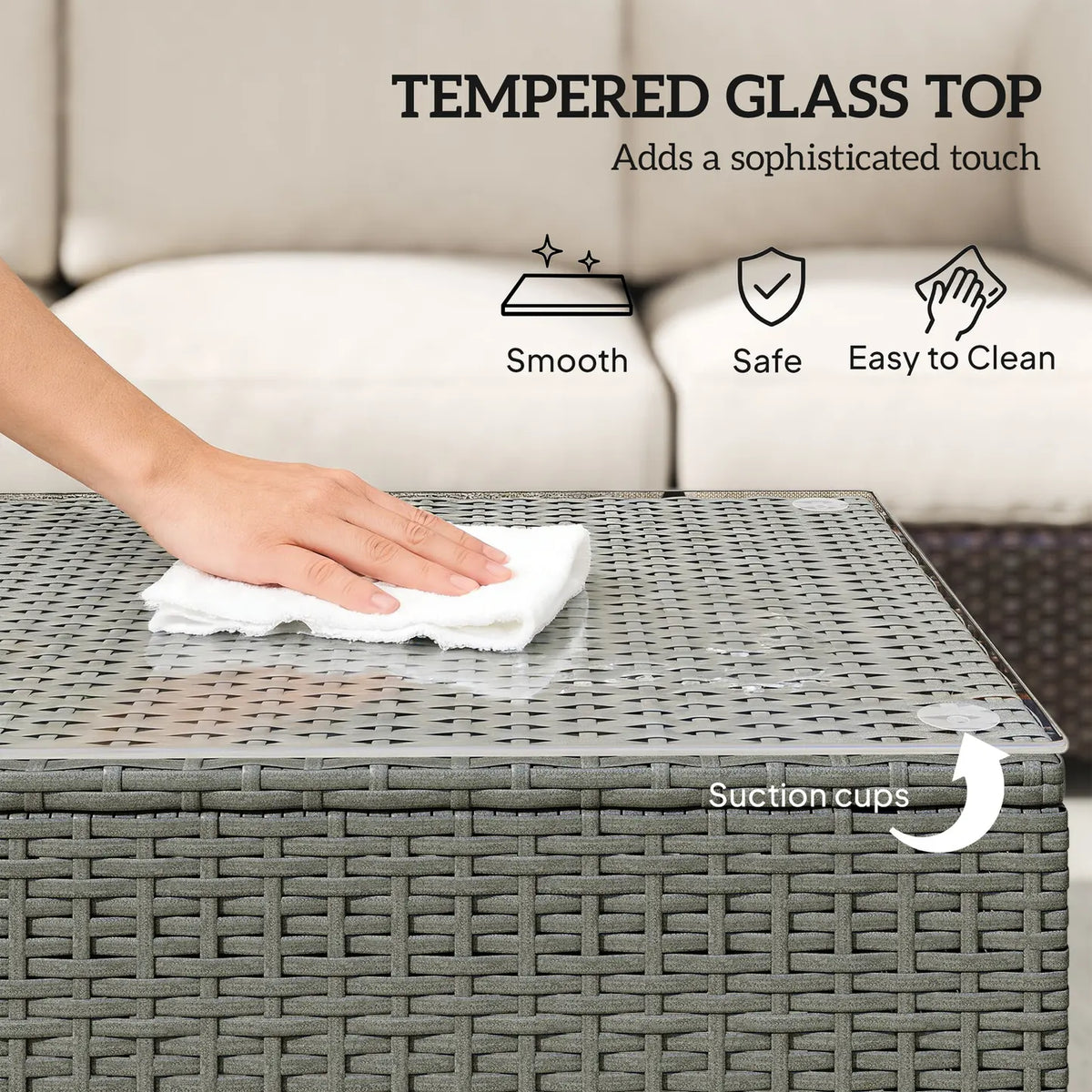 Outsunny Rattan Garden Coffee Table with Glass Top, Light Grey