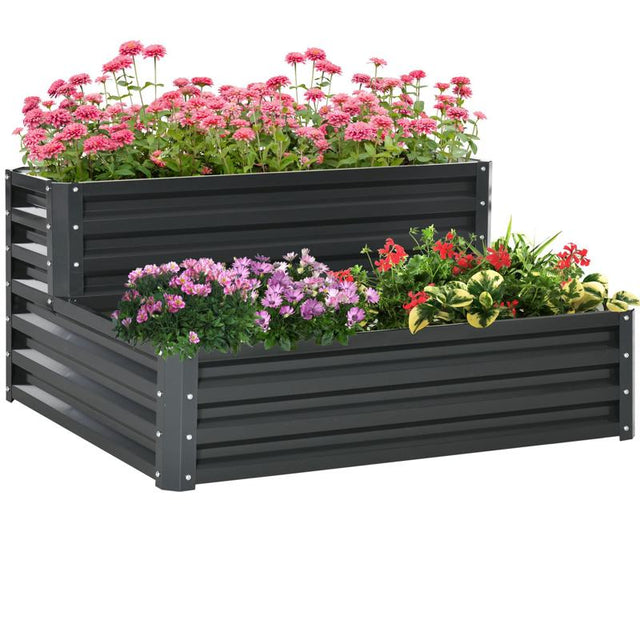 Outsunny 2 Tier Raised Garden Bed, Galvanised Planter Box with Open Bottom for Vegetables Flowers Herbs, 120x101x58cm, Dark Grey