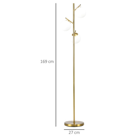 HOMCOM 3-Light Tree Floor Lamps for Living Room, Modern Standing Lamp for Bedroom with Globe Lampshade, Steel Base, Bulb not Included, Gold Tone