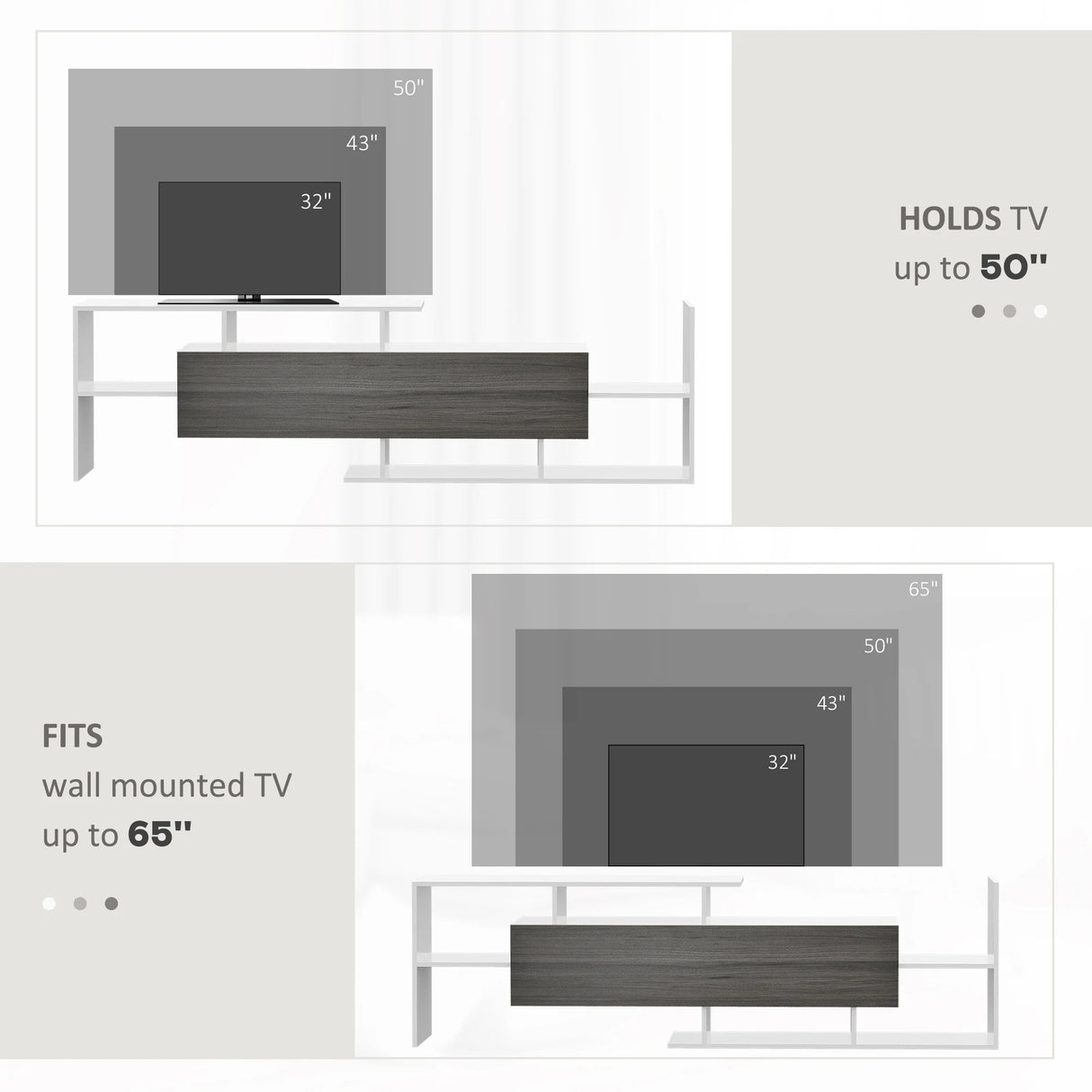 HOMCOM TV Cabinet with Wall Shelf for Wall-Mounted 65" TVs or Standing 40" TVs - White and Grey