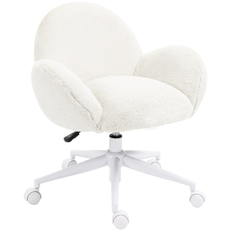 HOMCOM Makeup Vanity Chair, Cute Fluffy Desk Chair with Rolling Wheels for Bedroom Living Room, Cream White