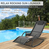 Outsunny Outdoor Garden Rocking Chair, Patio Sun Lounger Rocker Chair with Breathable Mesh Fabric, Removable Headrest Pillow, Armrest, Side Storage Bag, Black