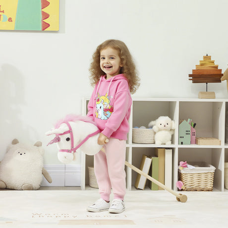 AIYAPLAY Unicorn Stick Horse with Wood Wheels, Real Pony Neighing and Galloping Sounds, Grip Handle, 95 cm, White