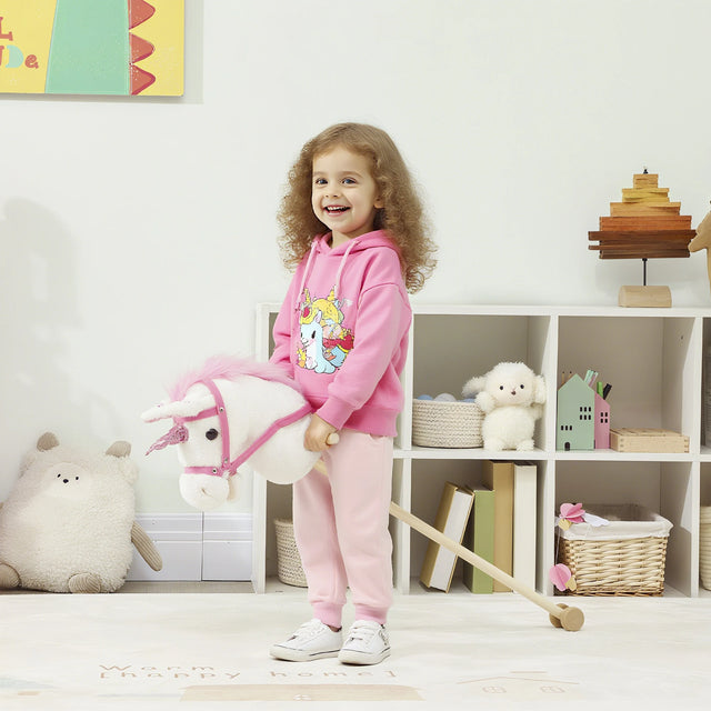 AIYAPLAY Unicorn Stick Horse with Wood Wheels, Real Pony Neighing and Galloping Sounds, Grip Handle, 95 cm, White