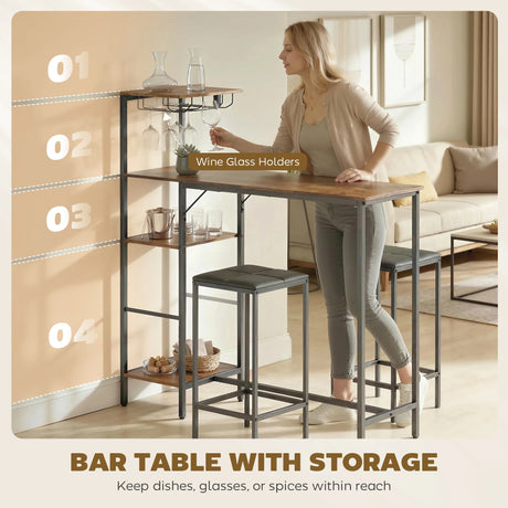 HOMCOM 3 Piece Breakfast Bar Table and Stools Set, Rustic Brown