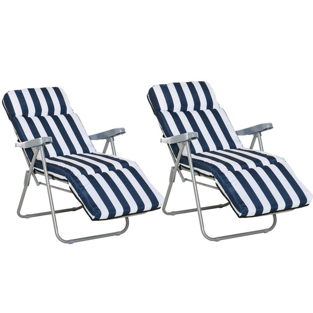 Outsunny 2Pc Folding Sun Loungers Set-Blue/White