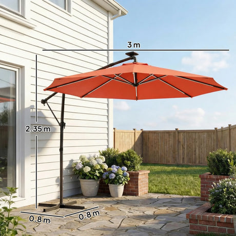 Outsunny 3 m Garden Cantilever Parasol with LED Solar Light, Round Overhanging Umbrella with 360 Rotation, Cover, Orange