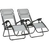 Outsunny Garden Recliner Chairs Set of 2, Outdoor Foldable Zero Gravity Chairs Set w/ Footstool and Detachable Headrest, Grey