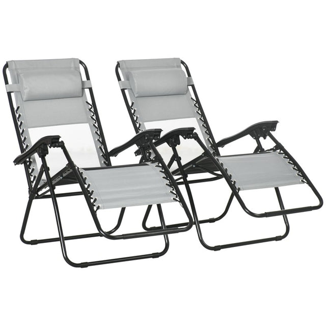 Outsunny Garden Recliner Chairs Set of 2, Outdoor Foldable Zero Gravity Chairs Set w/ Footstool and Detachable Headrest, Grey