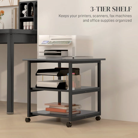 HOMCOM Three-Tier Steel Printer Stand, with Wheels - Black