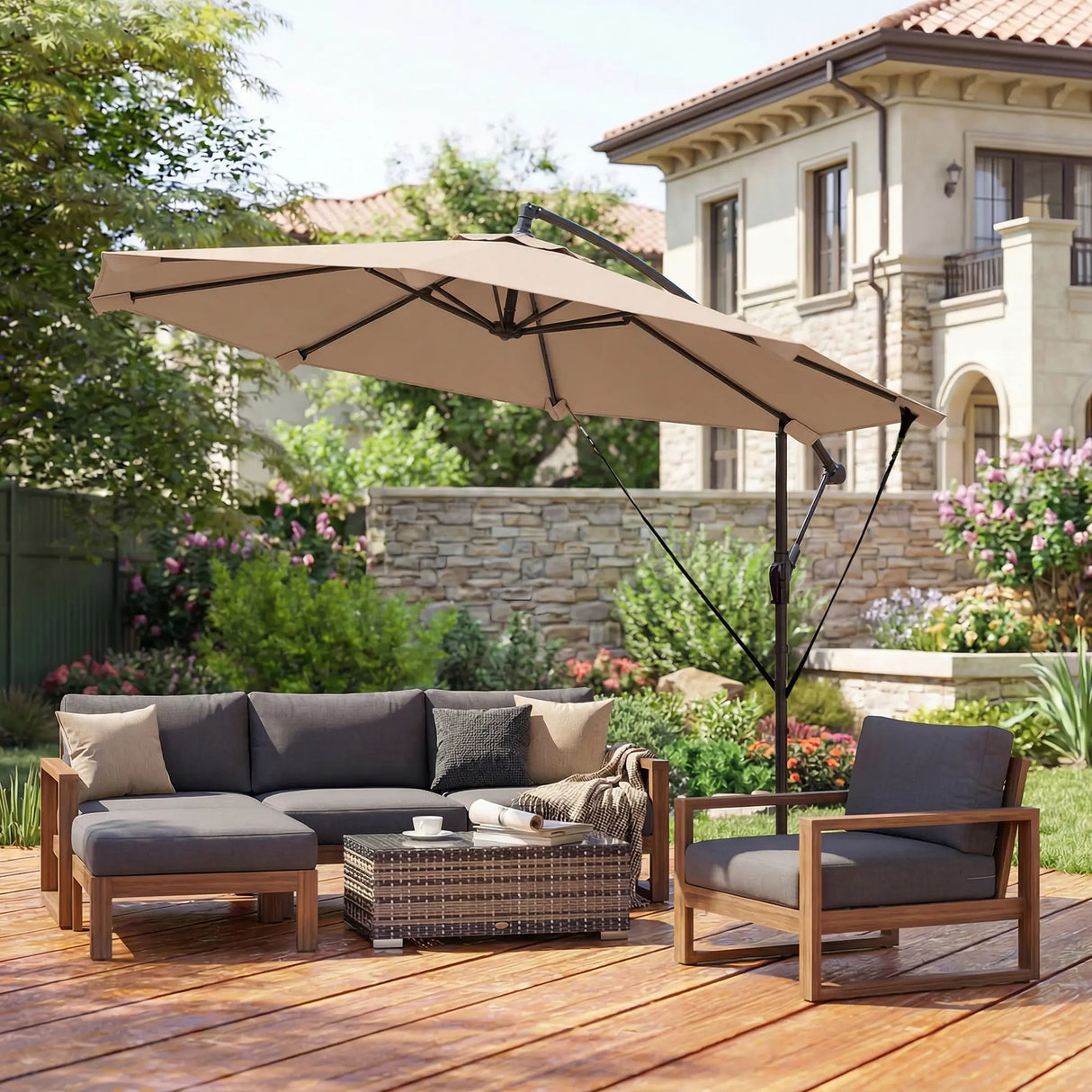 Outsunny 3 m Cantilever Parasol with Protective Cover and Wind Ropes, Banana Parasol with Crank Handle, Khaki