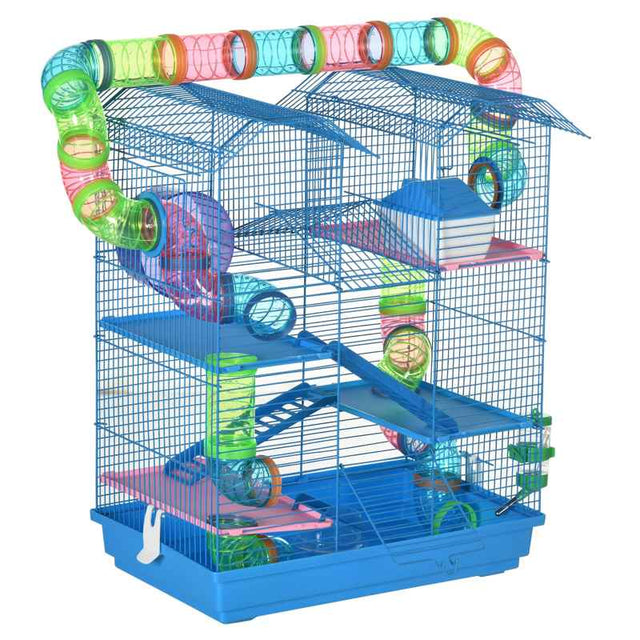 PawHut 5 Tier Hamster Cage Carrier Habitat with Exercise Wheels Tunnel Tube Water Bottle Dishes House Ladder for Dwarf Mice, Blue